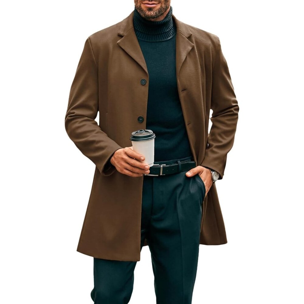 💫 Men Brown Mid Long Coat Slim Fit Winter Single Breasted Business Pea Coat